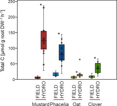 Distinct metabolite classes in root exudates are indicative for field- or hydroponically-grown cover crops
